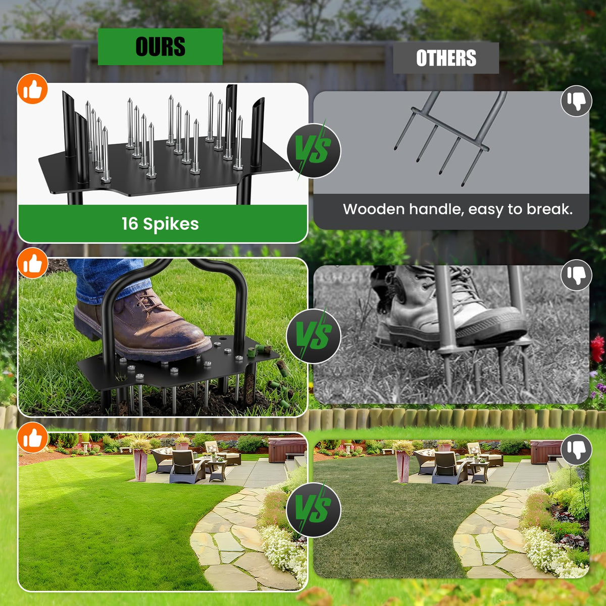 Luvenia aerator with four hollow slots to improve soil channels.