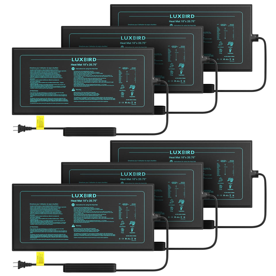 Luxbird seedling heat mat 6-pack 10x20-75 provides even warmth for early germination.