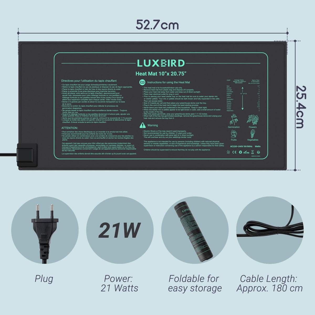 Luxbird heating mat showing waterproof durable material for damp seed starting