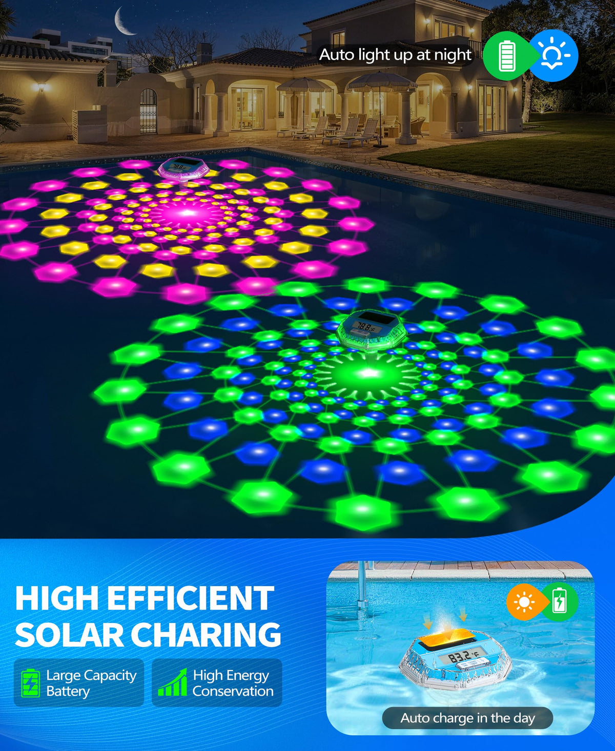 LuxBlue dynamic light show enhances nighttime pool ambiance and safety.