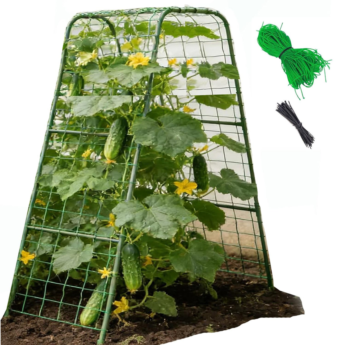 Luxdesc cucumber trellis U-shape arch supports climbing cucumbers in a compact raised bed for space efficiency.