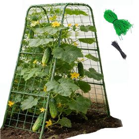 Luxdesc cucumber trellis U-shape arch supports climbing cucumbers in a compact raised bed for space efficiency.