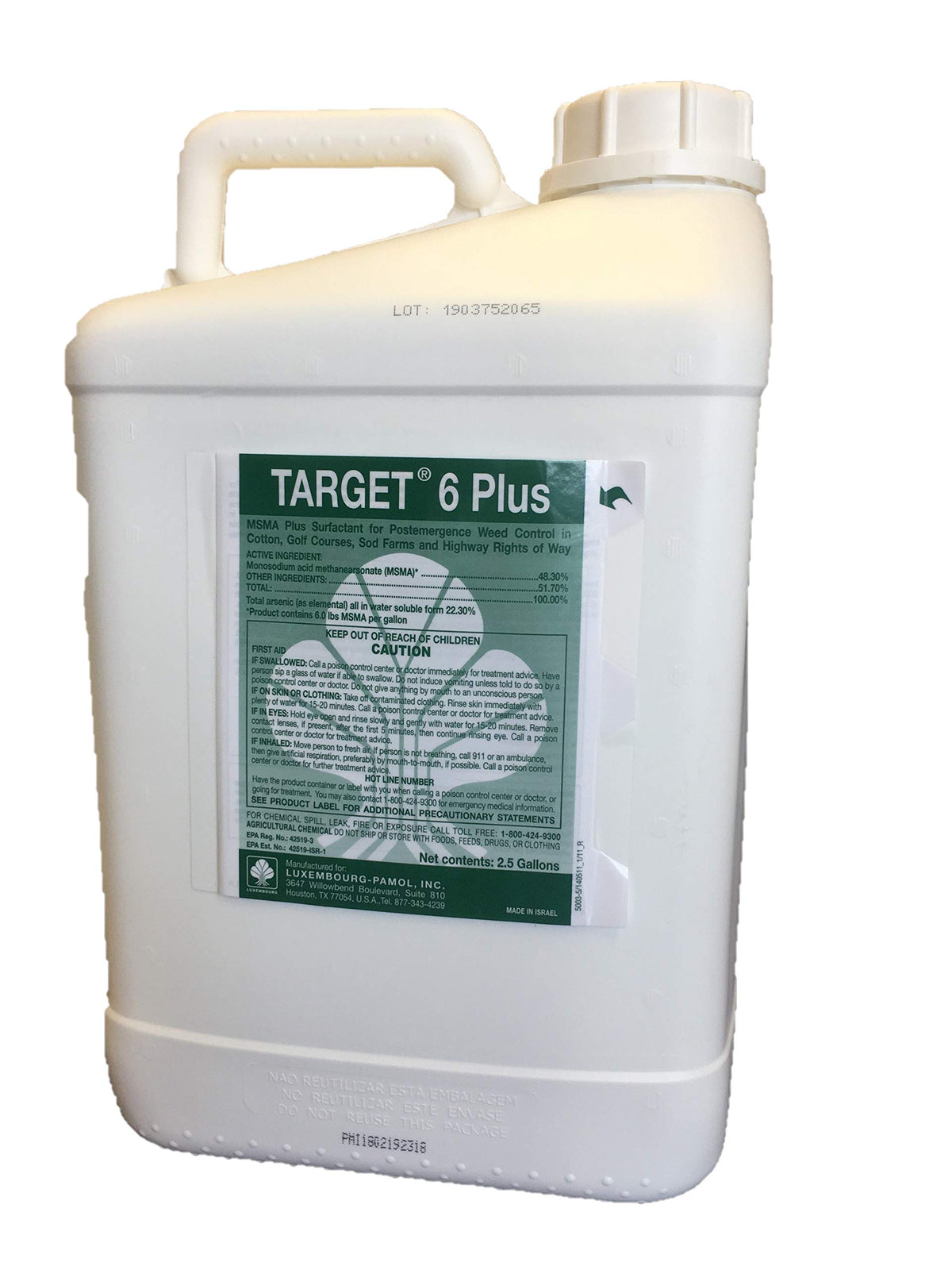 Luxembourg-Pamol Target 6 Plus bottle pour for post-emergent turf weed control in lawns