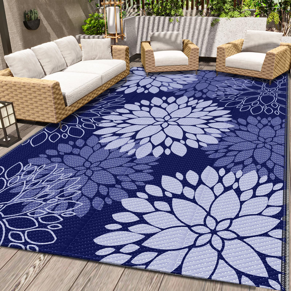 LuxStep outdoor rug waterproof closeup shows tight weave and rinse-friendly surface.