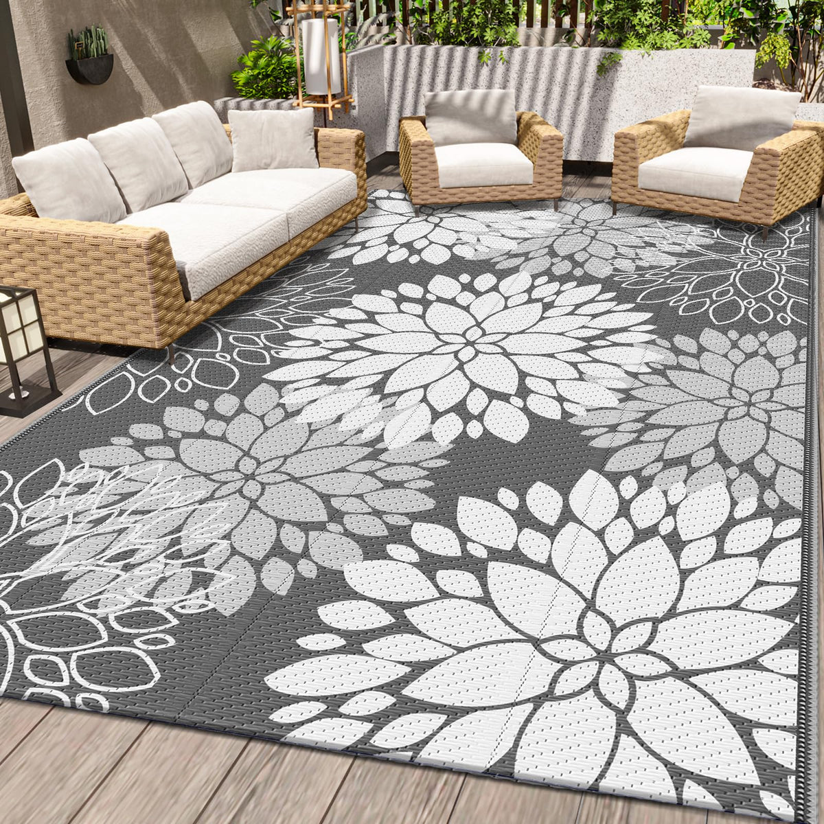 LuxStep outdoor rug waterproof grey 5x8 on patio for quick cleaning and color longevity
