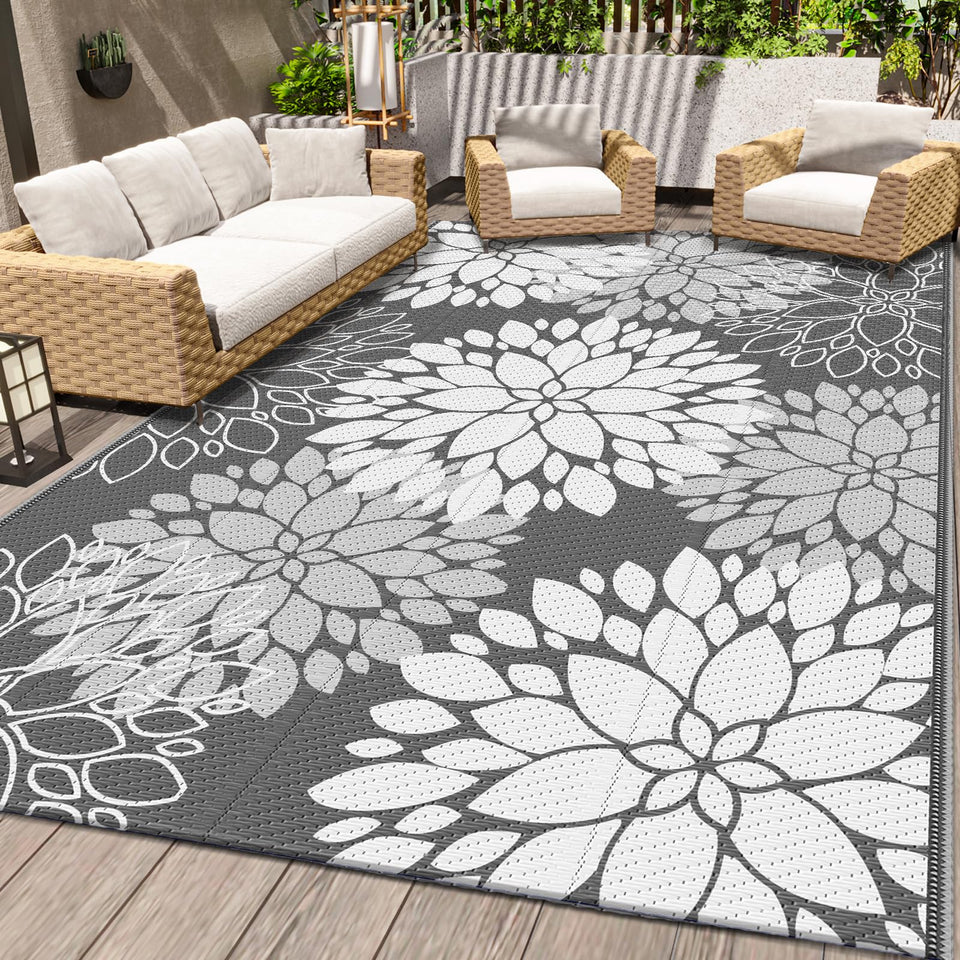 LuxStep outdoor rug waterproof grey 5x8 on patio for quick cleaning and color longevity