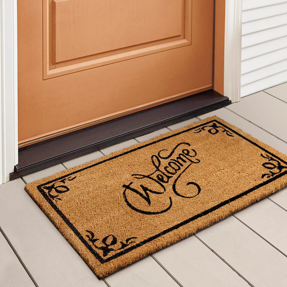 LuxUrux Coco Coir Welcome Mat with heavy backing for outdoor entry.