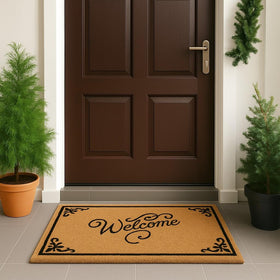 LuxUrux Coco Coir Welcome Mat with dirt-removal texture for clean entryways.
