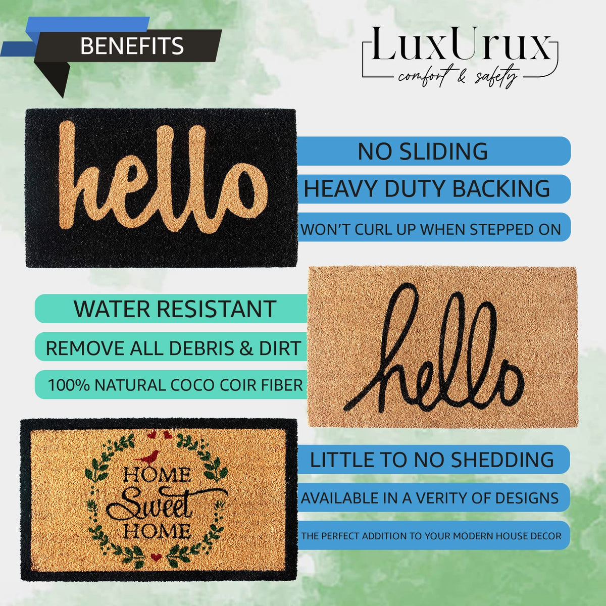 LuxUrux Hello doormat rough texture aids in dirt scraping at the threshold