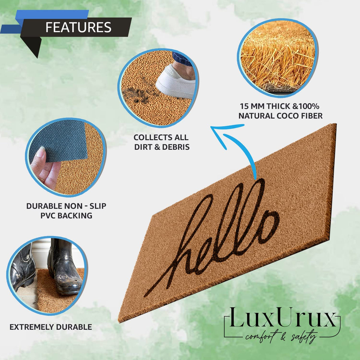 LuxUrux Hello doormat suitable for outdoor and indoor entryways