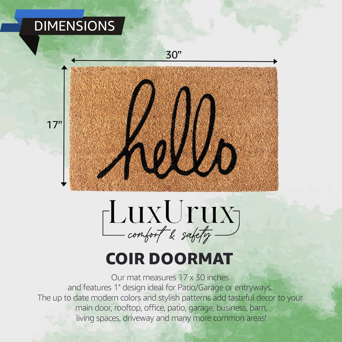 LuxUrux Hello doormat with heavy-duty PVC backing for durable outdoor indoor use