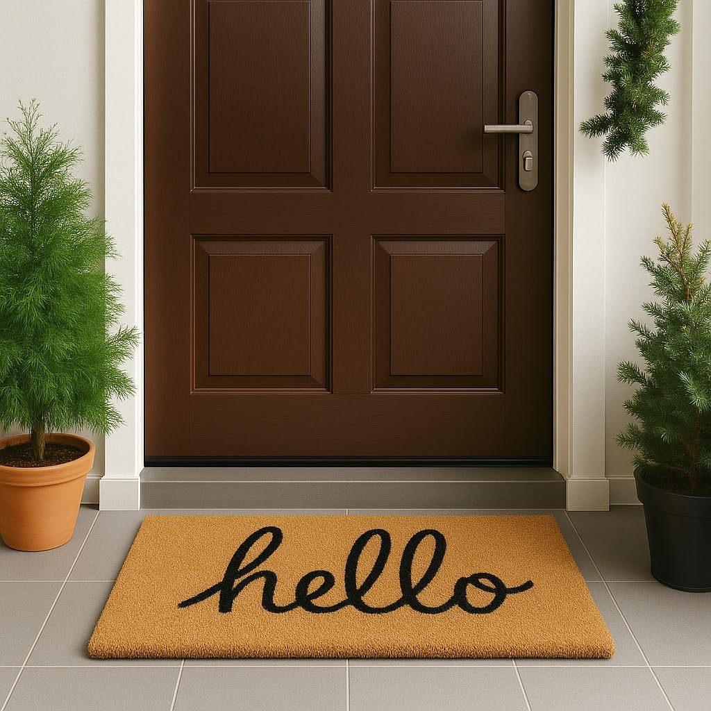 LuxUrux Hello doormat showcasing welcome script design enhances curb appeal