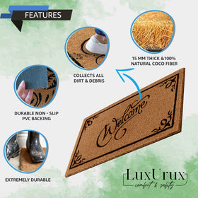 LuxUrux Coco Coir Welcome Mat suitable for indoor and outdoor use.