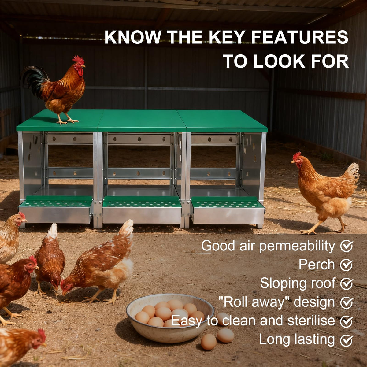 Luxurytex perches and baffles prevent eggs from rolling or breaking.