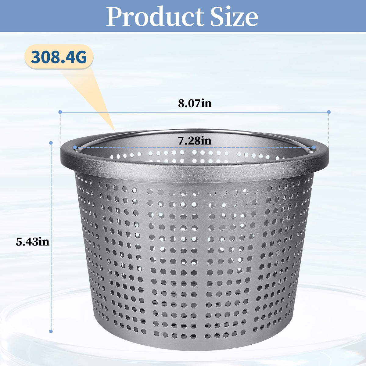 LVACODV aluminum skimmer basket side profile highlighting fit.