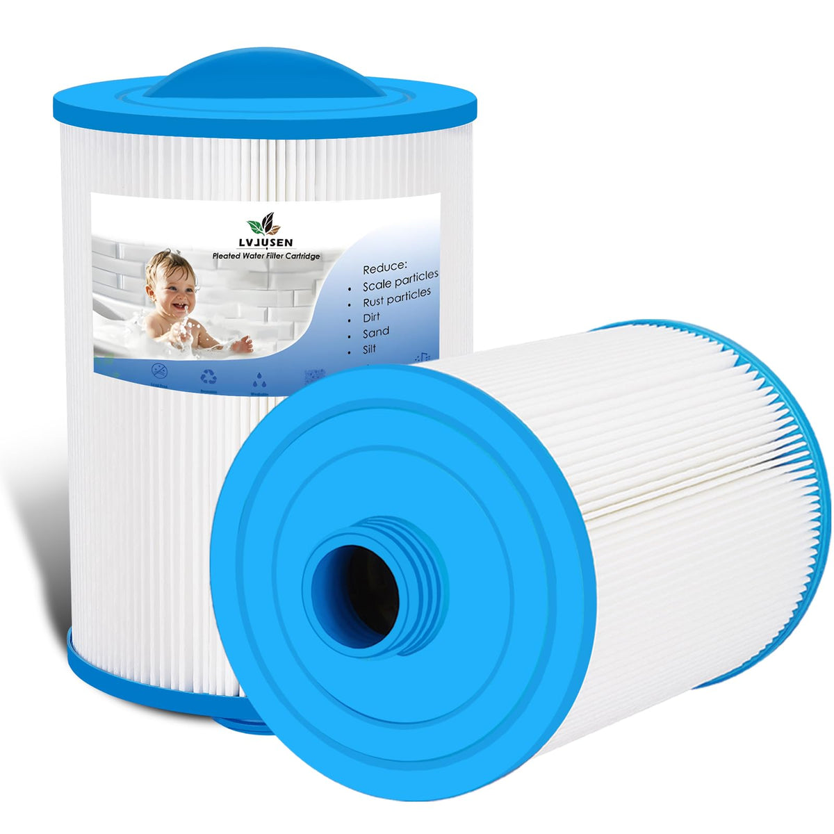 LVJUSEN PWW50P3 spa filter front view showing a snug fit for compatible spa models.