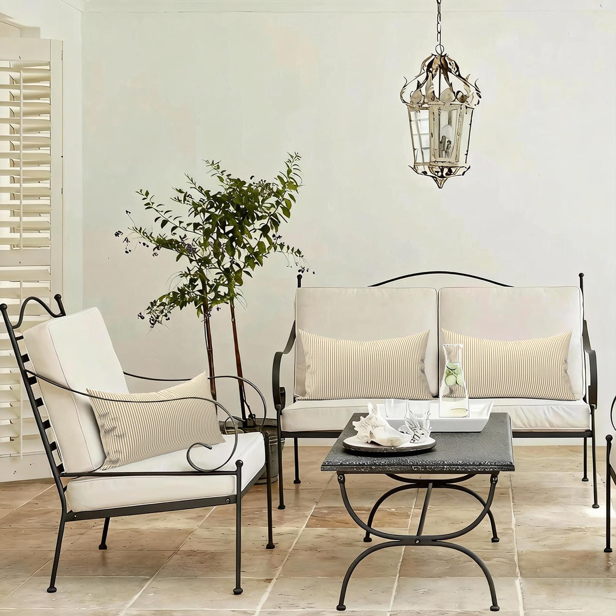 LVTXIII stripe beige cushion complements patio sofas.