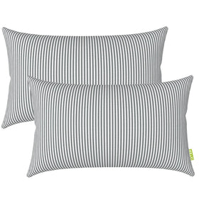 LVTXIII Topanga Stripe Grey outdoor lumbar pillow pack on patio setting