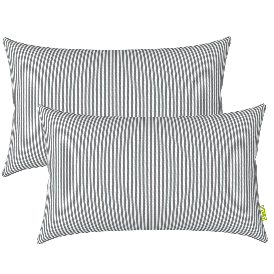 LVTXIII Topanga Stripe Grey outdoor lumbar pillow pack on patio setting