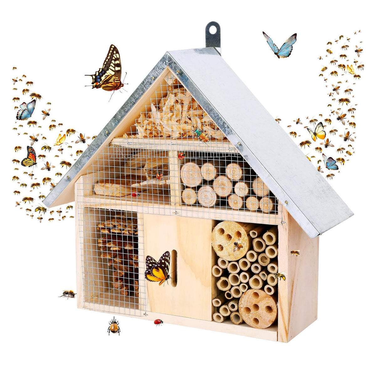 LWINGFLYER Hanging Bee House exterior view shows natural wood and weather protection