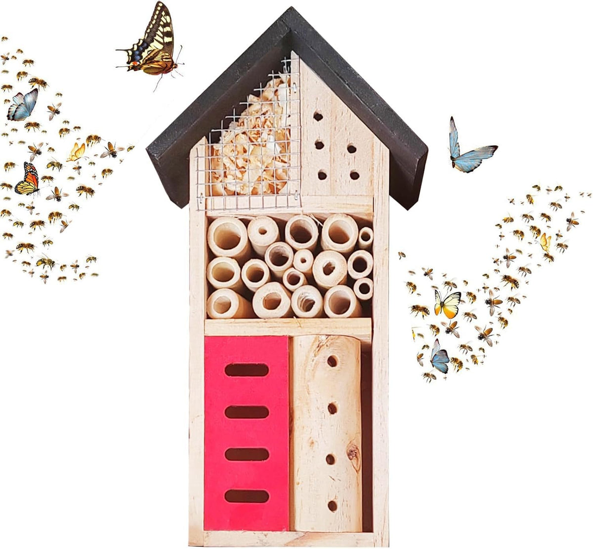 LWINGFLYER wooden insect house with multiple compartments supports beneficial insects