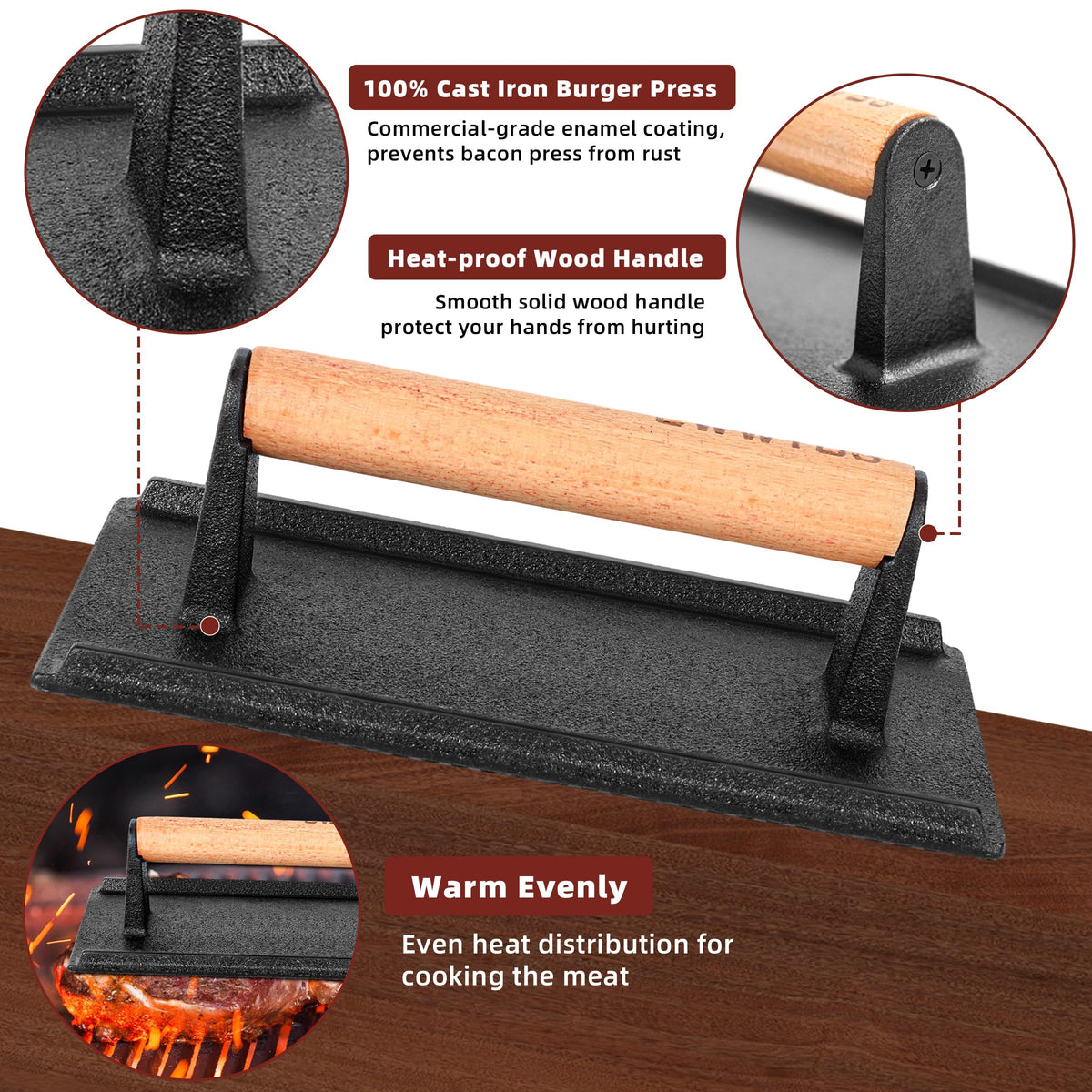 LWWTBS cast-iron press induction-compatible for versatile stovetop cooking.