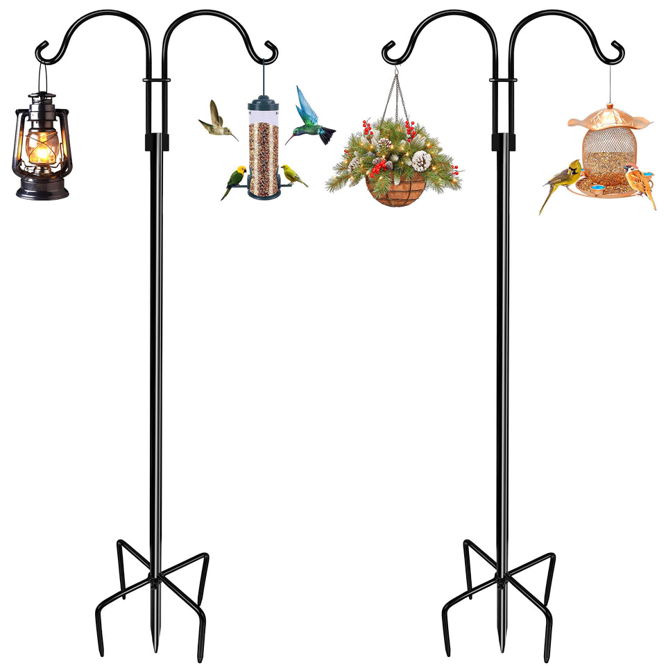 LWWTBS double shepherds hook outdoor 76-inch with sturdy arms for bird feeders and hanging baskets.