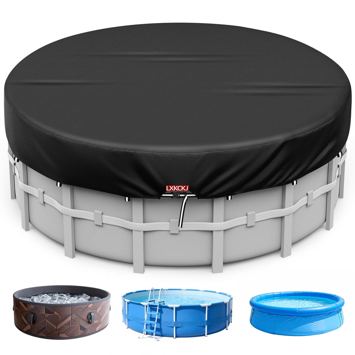 LXKCKJ 9 ft round pool cover with adjustable straps securing the pool surface