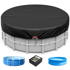 LXKCKJ round pool cover with strap system for secure stabilization.