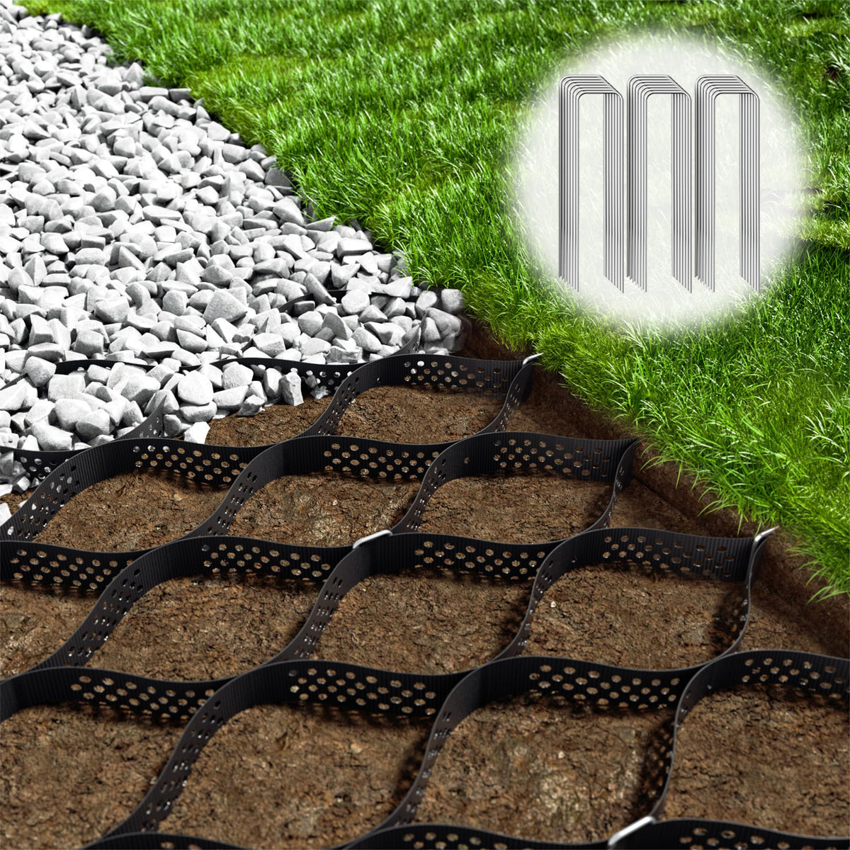 LXVOOEE gravel grid 4.4x33 ft showing a stabilized driveway and path area
