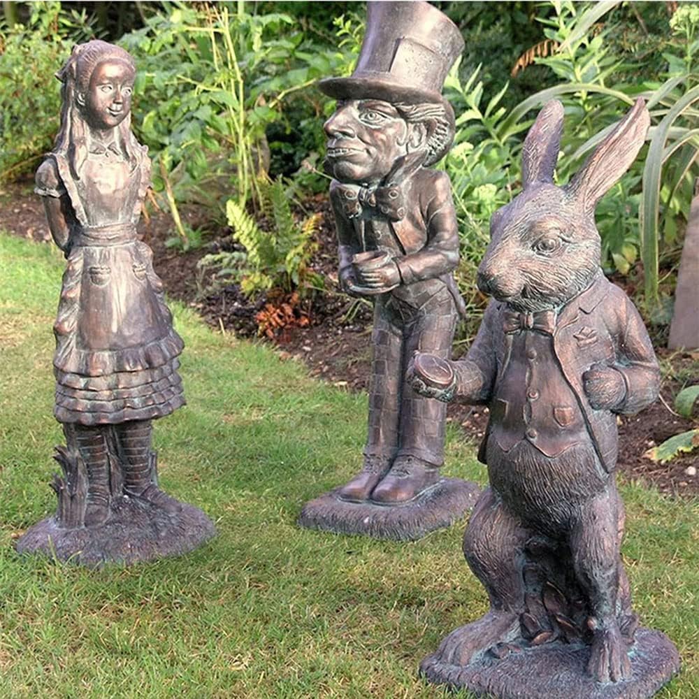 Lycss Cheshire Cat statue creates a curious outdoor focal point.