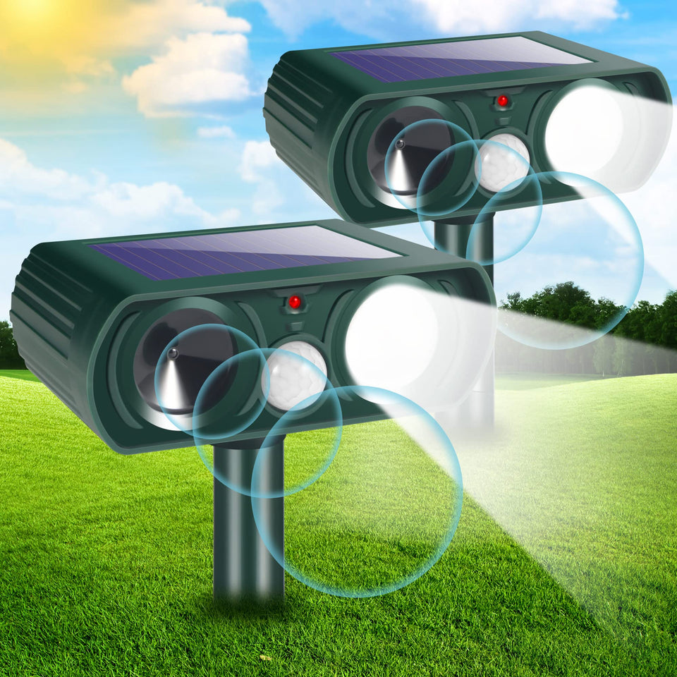 Lycxbfjia 2Pack solar ultrasonic deterrents guard gardens and yards.