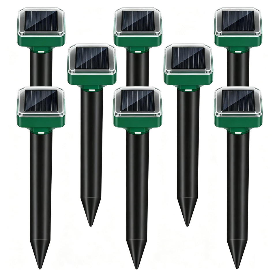 Lycxbfjia 8-pack solar mole repellent stake shields lawns from burrowing pests.