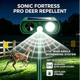 Sonic Fortress Pro with motion-activated strobe deters nighttime pests.