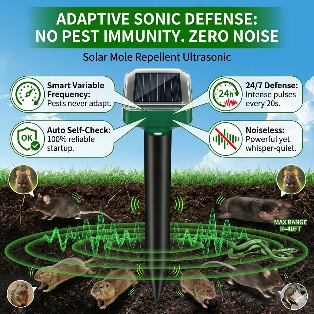 Lycxbfjia ultrasonic garden deterrent stake emits waves to deter moles and gophers.