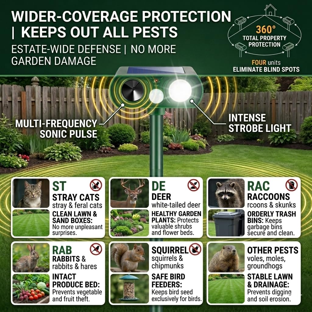 Wide-angle detection protects lawns with broad 110–150° coverage.