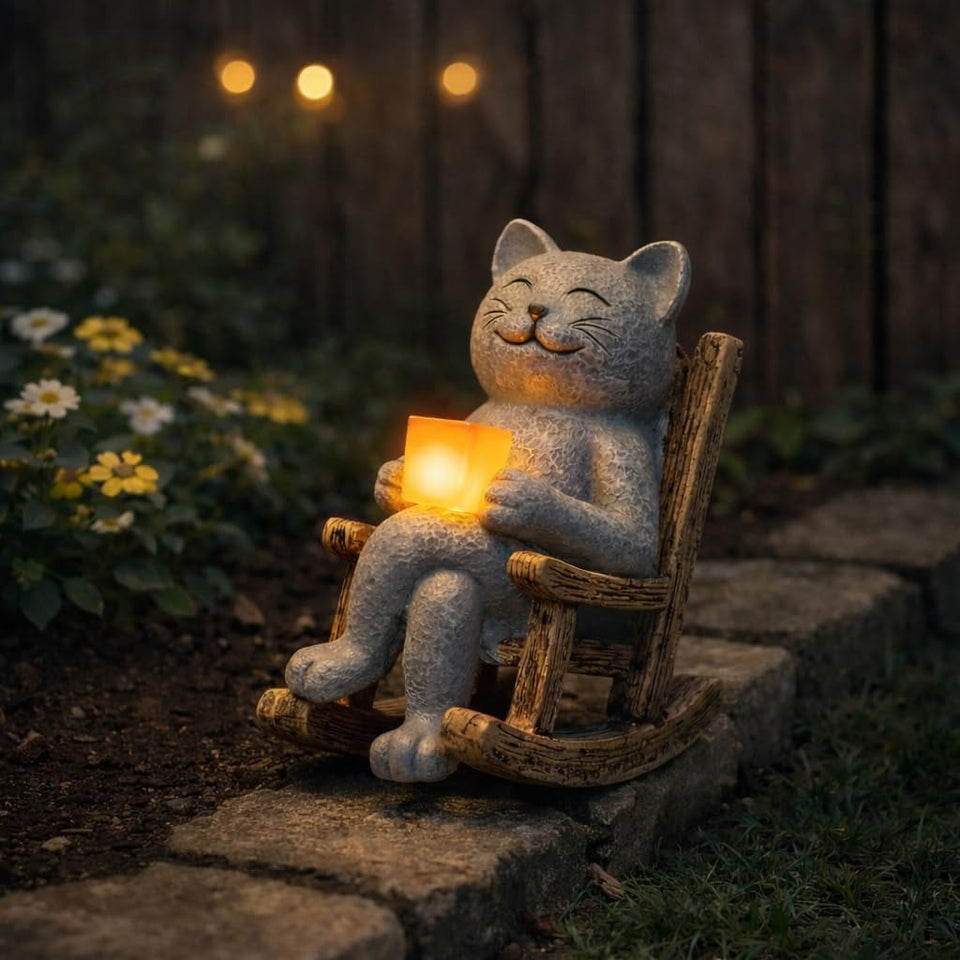 Lyeasw cat solar rocking chair figurine provides cozy outdoor ambiance