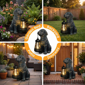 Lyeasw dog lantern on patio provides ambient evening light.