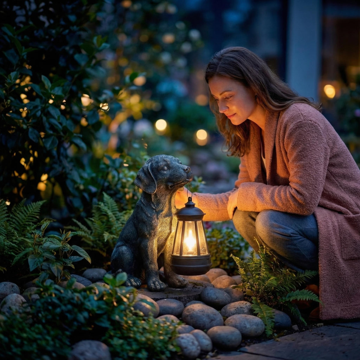 Lyeasw outdoor dog statue porch decor adds whimsical charm.