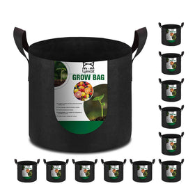 Lyincat 12-pack grow bags show 16-inch diameter for balcony gardening and 10-gallon capacity.