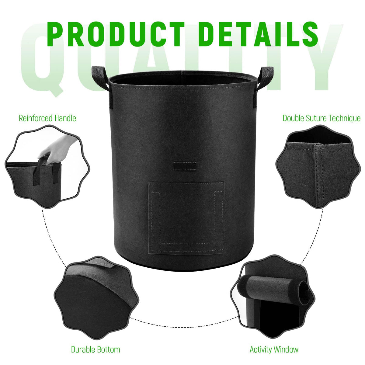 Lyincat grow bag close-up highlights breathable fabric and drainage.