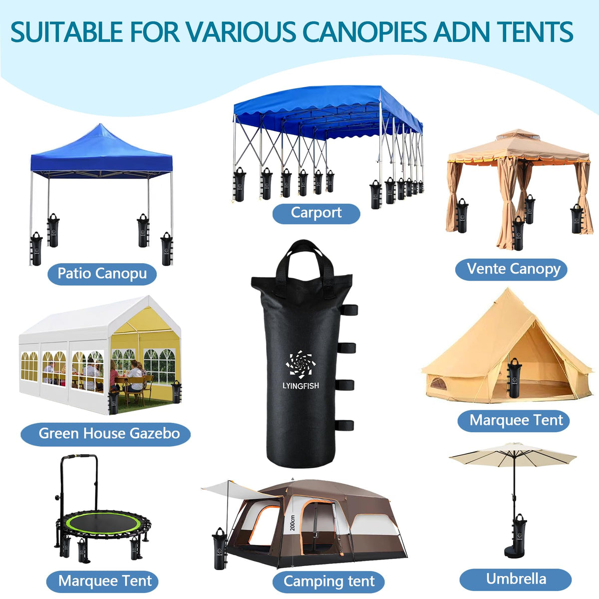 LYINGFISH canopy weights on a beach setup showing portability and ease