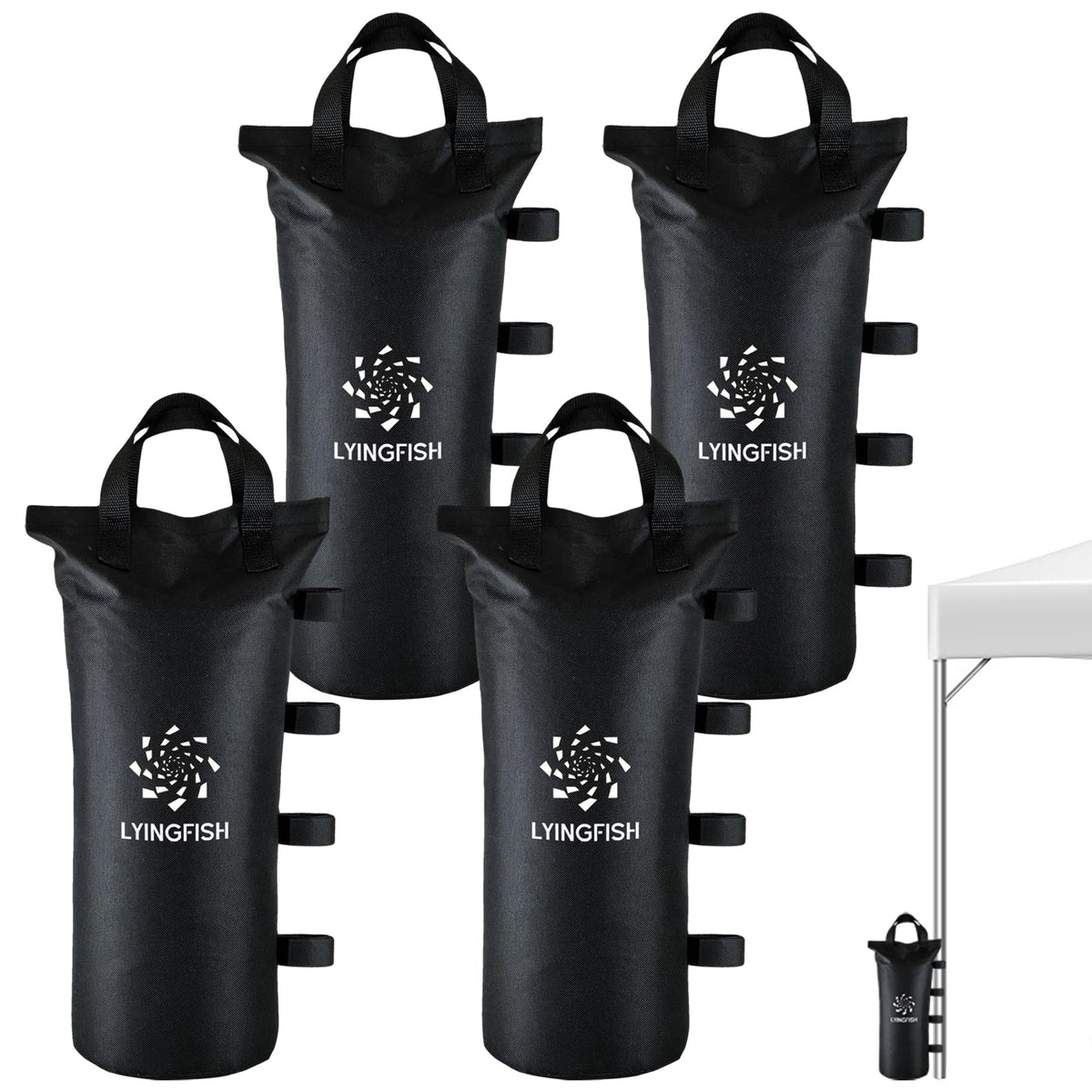 LYINGFISH canopy weights in front view show rugged 800D fabric and straps for windproof anchoring