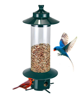 LYKENTOR squirrel-proof feeder for outdoors with 4.8lb capacity reduces squirrel access while feeding small birds.