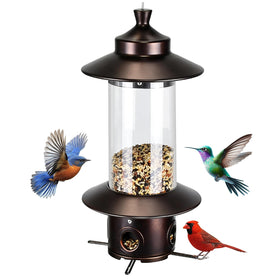 LYKENTOR squirrel-proof bird feeder with weight-activated mechanism for outdoor feeding.