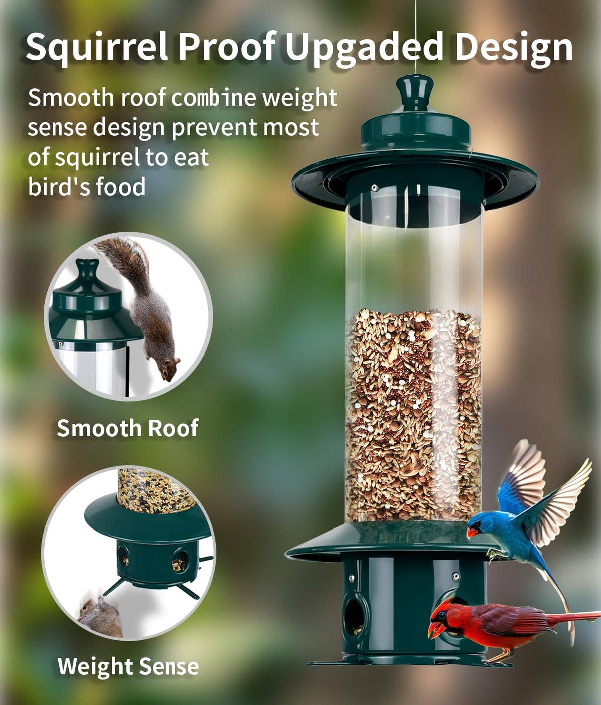 LYKENTOR weight-activated mechanism shows ports dropping to deter large feeders while small birds feed.