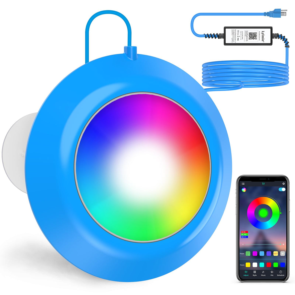 LyLmLe LED pool light shows vibrant RGB color spectrum for ambient nightlife.