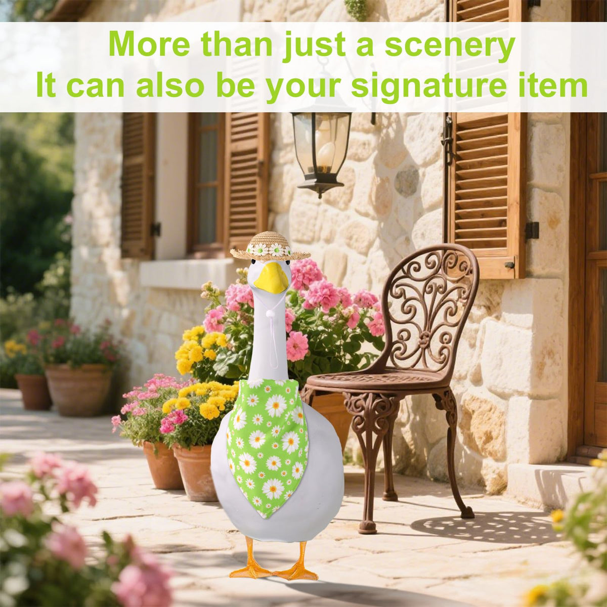 Lyreh outdoor goose outfit transforms lawn statues into seasonal centerpiece ideas