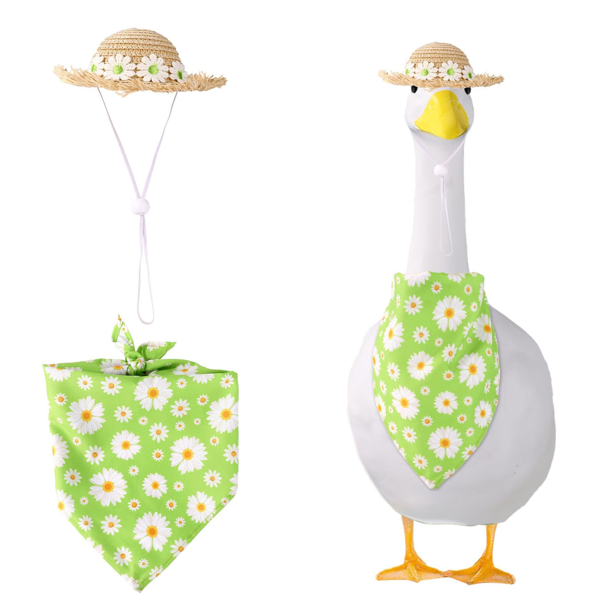 Lyreh summer porch goose outfit with straw hat on lawn statue enhances porch charm