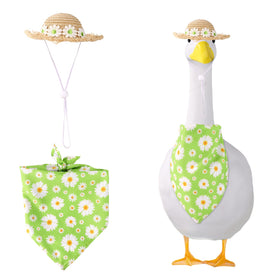 Lyreh summer porch goose outfit with straw hat on lawn statue enhances porch charm
